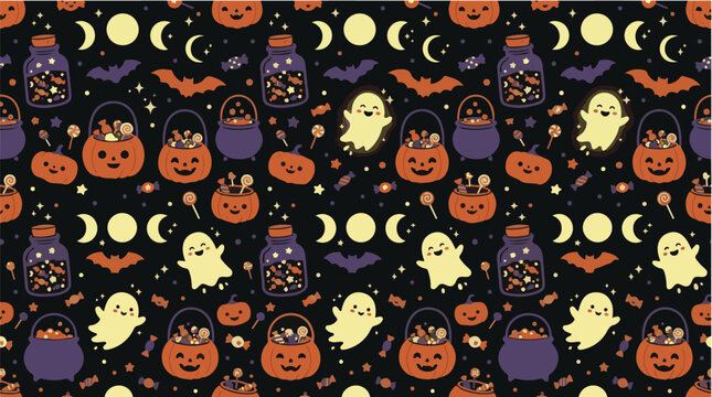 Halloween seamless pattern with pumpkin baskets candy and cute ghosts