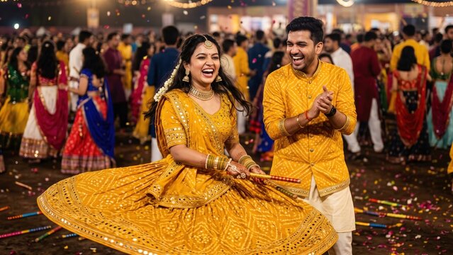 Joyful Garba Celebration &ndash; Dancing Festival Couple
