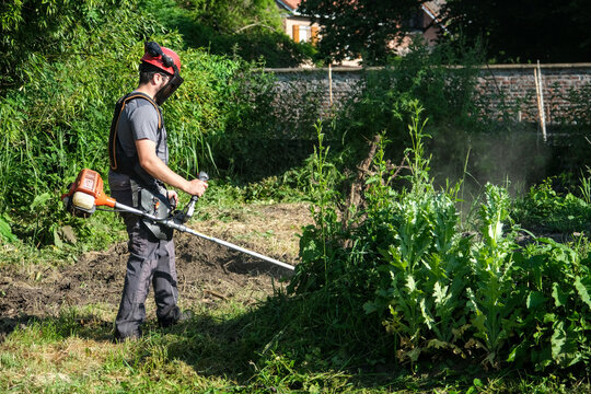 Worker using a brush cutter to clear tall grass during outdoor maintenance, illustrating personal service support and state assisted SAP access.