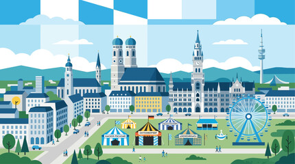 Naklejka premium A minimalist flat design illustration of the iconic Munich skyline, subtly integrated with recognizable Oktoberfest festival elements in the foreground. 