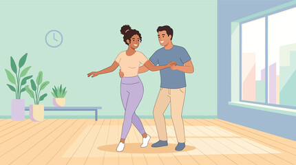 Obraz premium Happy couple dancing, young adults having fun, indoor scene, vector illustration, pastel colors