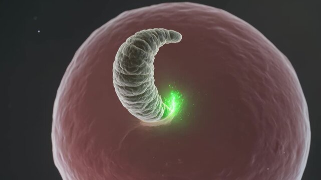 Extreme microscopic view of malaria parasite Plasmodium invading red blood cell with membrane deformation enzymatic reaction and plasma flow visualization