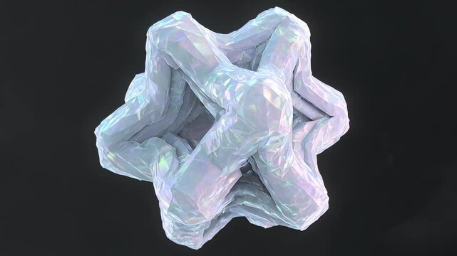 Microscopic visualization of amino acid chain folding into complex 3D protein structure with iridescent glow crystalline motion and cinematic lighting