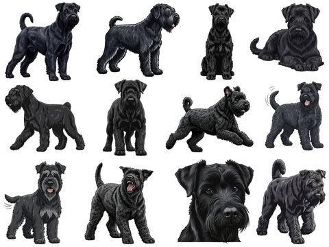 Black Russian Terrier dog 12 profile pose bundle vector illustration