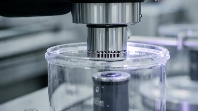Medium shot of advanced camera system inspecting rim cleanliness of a clear container highlighting precision in sanitization and defect detection during quality control