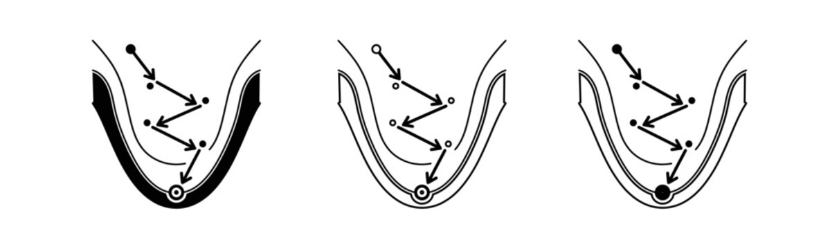 Vector graphic illustration of three parabolic reflectors with focal points and ray tracing diagrams black and white