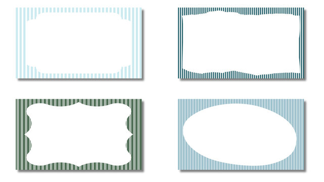 Set of four striped frames in teal and green shades with vertical lines. Vintage style borders with wavy, oval, and decorative shapes. Vector labels with drop shadows on white background.
