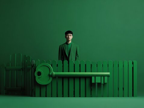 Green Key to Success Man Unlocks Access Behind Futuristic Fence