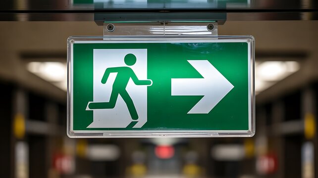 Green emergency exit direction sign in public building