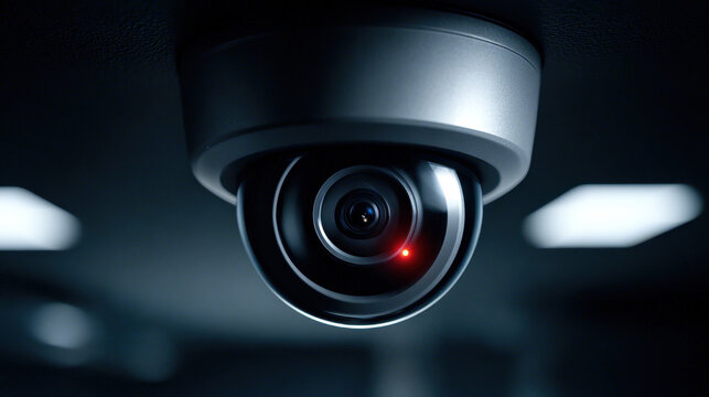 Security camera closeup dark ceiling indoor surveillance lens red light