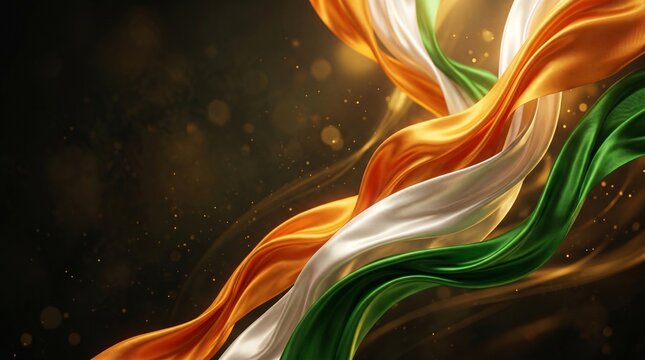 Elegant abstract wavy silk ribbons in colors of the Indian flag with golden bokeh particles on a dark background