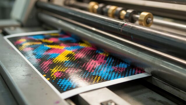 Colorful Poster Emerging from Printing Press Extreme Close Up
