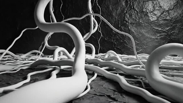 Abstract grayscale animation of intertwined white veins flowing within textured terrain for futuristic concepts