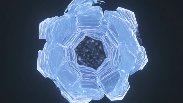 Ultra detailed scientific visualization of viral capsid self assembly forming icosahedral structure with glowing protein subunits and RNA core dynamics
