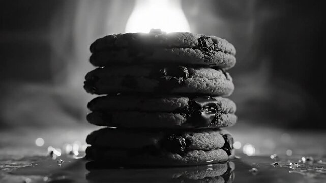 Black and white close-up of a stack of chocolate chip cookies with vapor in the background.
