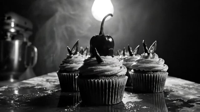 Dramatic monochrome shot showcasing artistic cupcakes with unique pepper and chocolate decorations under a bright light