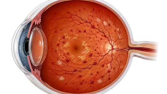 Diabetic Retinopathy Retina Anatomy Cross Section Eye Disease Medical Illustration Isolated on White Background.