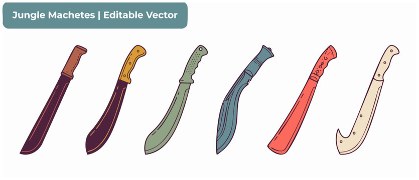 Machete survival knife blade vector set of different jungle weapons and camping tools isolated on white background. Outdoor hunting equipment collection with kukri, parang and bushcraft design.