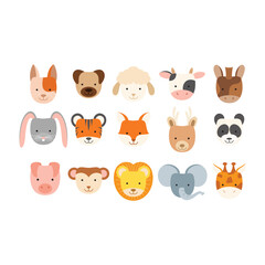 Fototapeta premium Animal Face Illustration. Child style woodland and exotic animals vector illustration isolated in white background. Cute animal characters, funny head portraits set. Modern cool sassy avatars. 