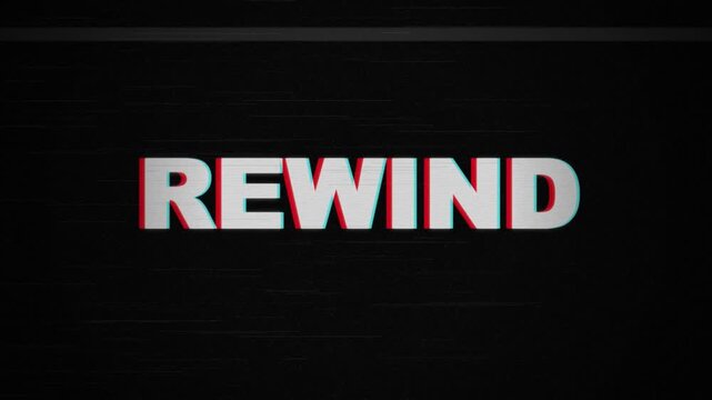 Retro VHS Tape Rewind Interface, Black Screen with Analog Glitch Effects and REWIND Indicator, Old School Video Playback Animation