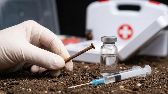 Biological hazard vigilance: tetanus disease, lockjaw symptom, Clostridium tetani, trismus condition, opisthotonos sign, generalized effect, tetanospasmin toxin, rusty danger, vaccine protect.