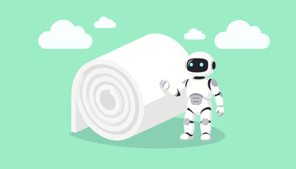A friendly AI robot stands with a massive roll of clean material, showcasing the evolving future of automation, intelligent production, and resource management for new industries © MuhammadHaris