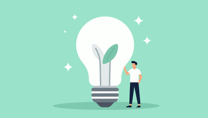 A person stands beside a giant light bulb with a green leaf inside, symbolizing eco-friendly innovation, sustainable ideas, and creative growth for a brighter future © MuhammadHaris