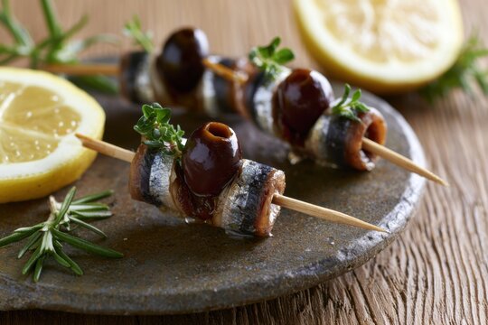 Anchovy and olive tapas on wooden skewers