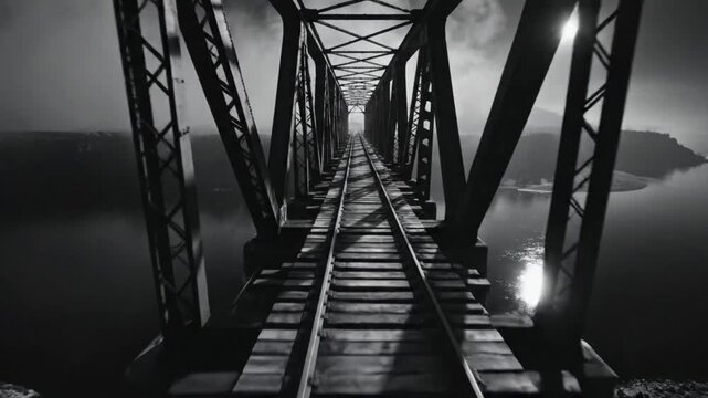 Dramatic black and white perspective of a railroad bridge spanning a river under an overcast sky