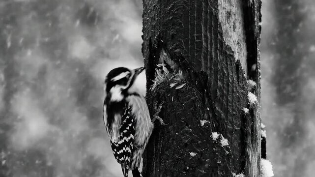 Black and white close-up of a downy woodpecker feeding chicks in their nest during a snowy winter