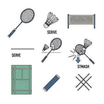 Badminton rackets and shuttlecocks set.