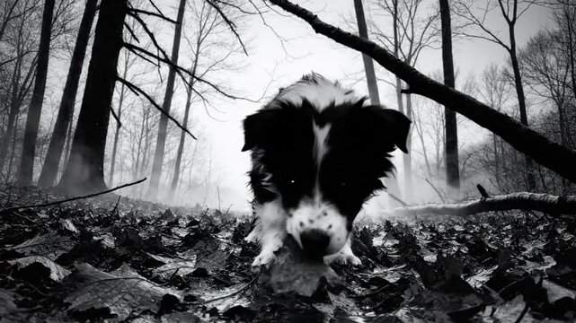 Black and white portrait of a border collie investigating a fallen branch in a misty forest scene