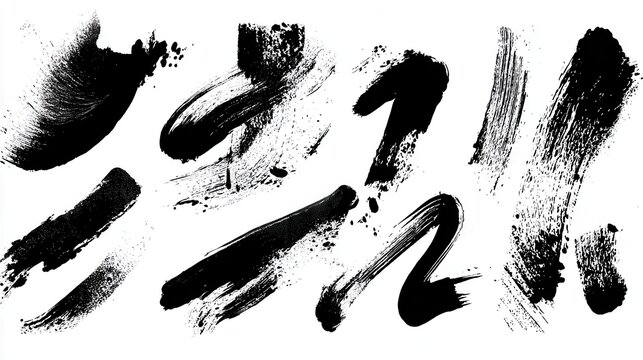 Collection of black ink brush strokes isolated on white background