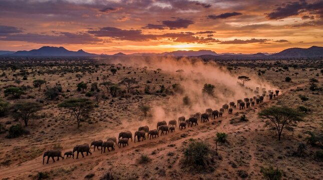 Herd of African Elephants Walking Across Dusty Savanna at Dusk with Dramatic Orange Sky