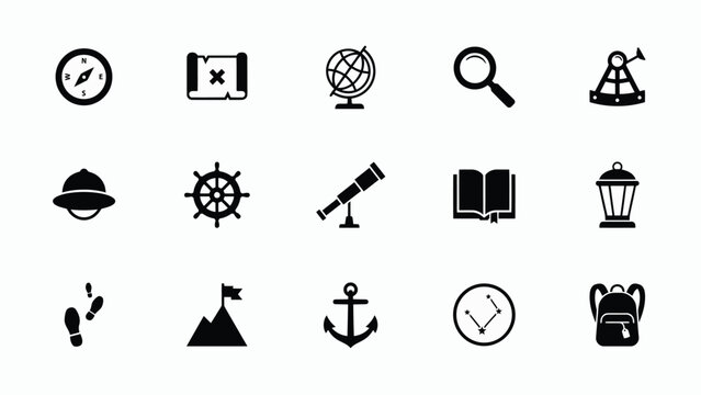 Set of black adventure and exploration flat icons including compass map globe and sextant.