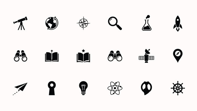 Collection of flat black vector icons depicting various adventure exploration and symbols.