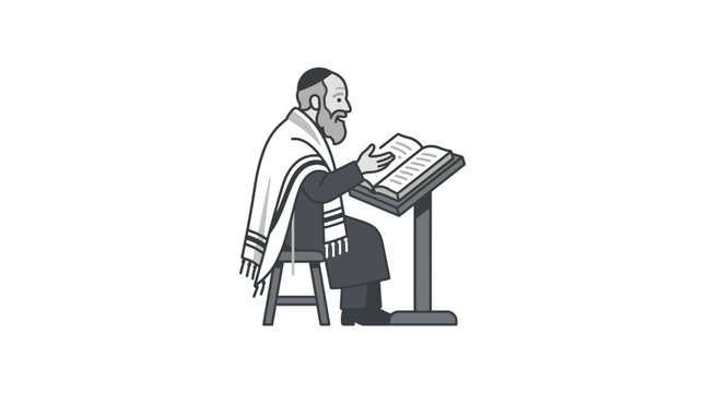 Orthodox Jewish Man Studying Torah on Lectern with Tallit