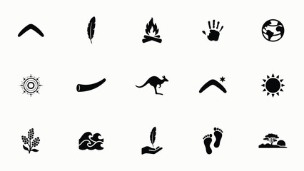 Fototapeta premium Boomerang, feather, campfire, handprint, globe, sun mandala, horn, kangaroo, waves, hand holding feather, footprints, landscape icons.