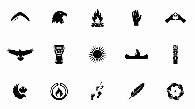 Boomerang, eagle head, campfire, handprint, hand gesture, eagle, drum, sun, canoe, totem pole, maple leaf, circle fire, footprints, feather, hands circle icons.