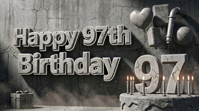 Stone textured Happy 97th Birthday composition with sculpted number cake, monochrome balloons and weathered concrete wall atmosphere
