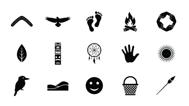 Native culture symbols set with black silhouettes including totem pole and indigenous icons.