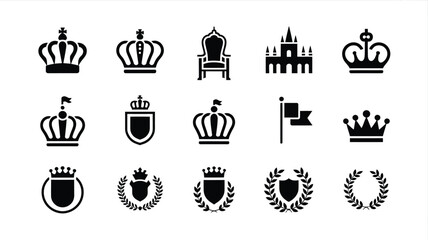 Set of 15 various royal crowns with castles shields and wreath icon collection silhouettes. © Sourabh