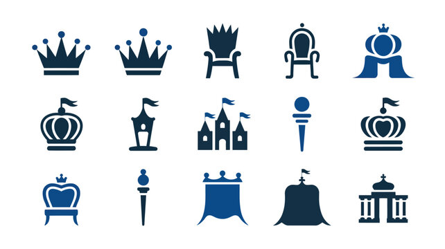 Dark blue royal silhouette icons of crowns throne castle and decorative monarchic elements.