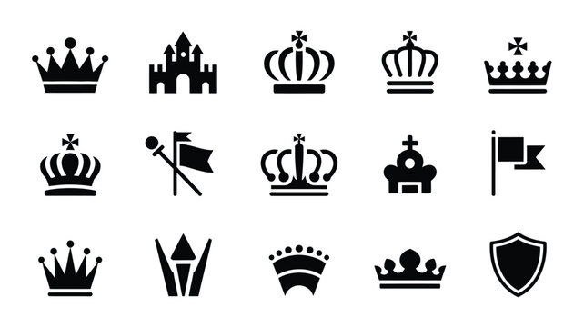 Medieval symbols castle crown flag and shield icons for historical representation.