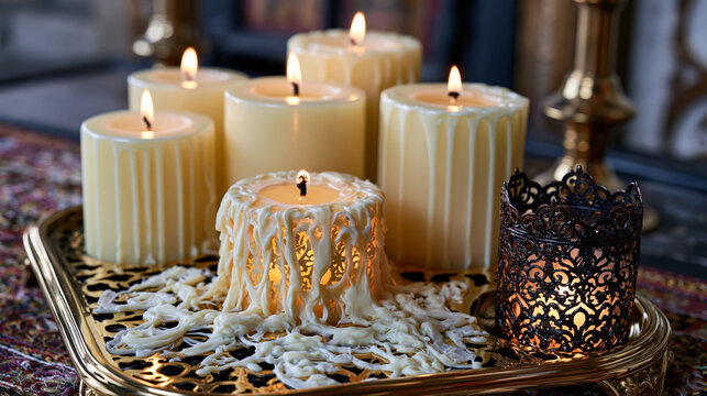 Altar candle grouping arrangement close, ivory pillar wax columns varying heights on polished brass stand, dripped wax cascade texture, snuffed wick carbon trace, votive holder filigree metalwork, s