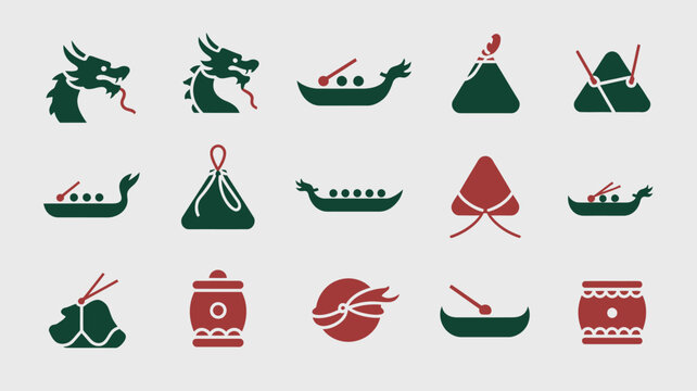 Colorful dragon boat festival flat icon collection with drums and rice dumpling elements.