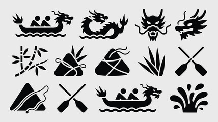 Dragon boat racing icons including team rowers and water splash elements in silhouette style. © Sourabh