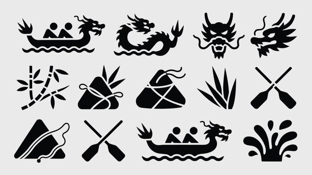 Dragon boat racing icons including team rowers and water splash elements in silhouette style.