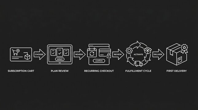 E commerce subscription workflow process from cart to delivery white svg style vector line icons on black background