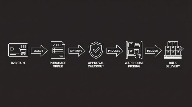 Streamlined b2b e commerce workflow illustrated with white line icons from b2b cart selection and purchase order approval to warehouse picking and bulk delivery showcasing